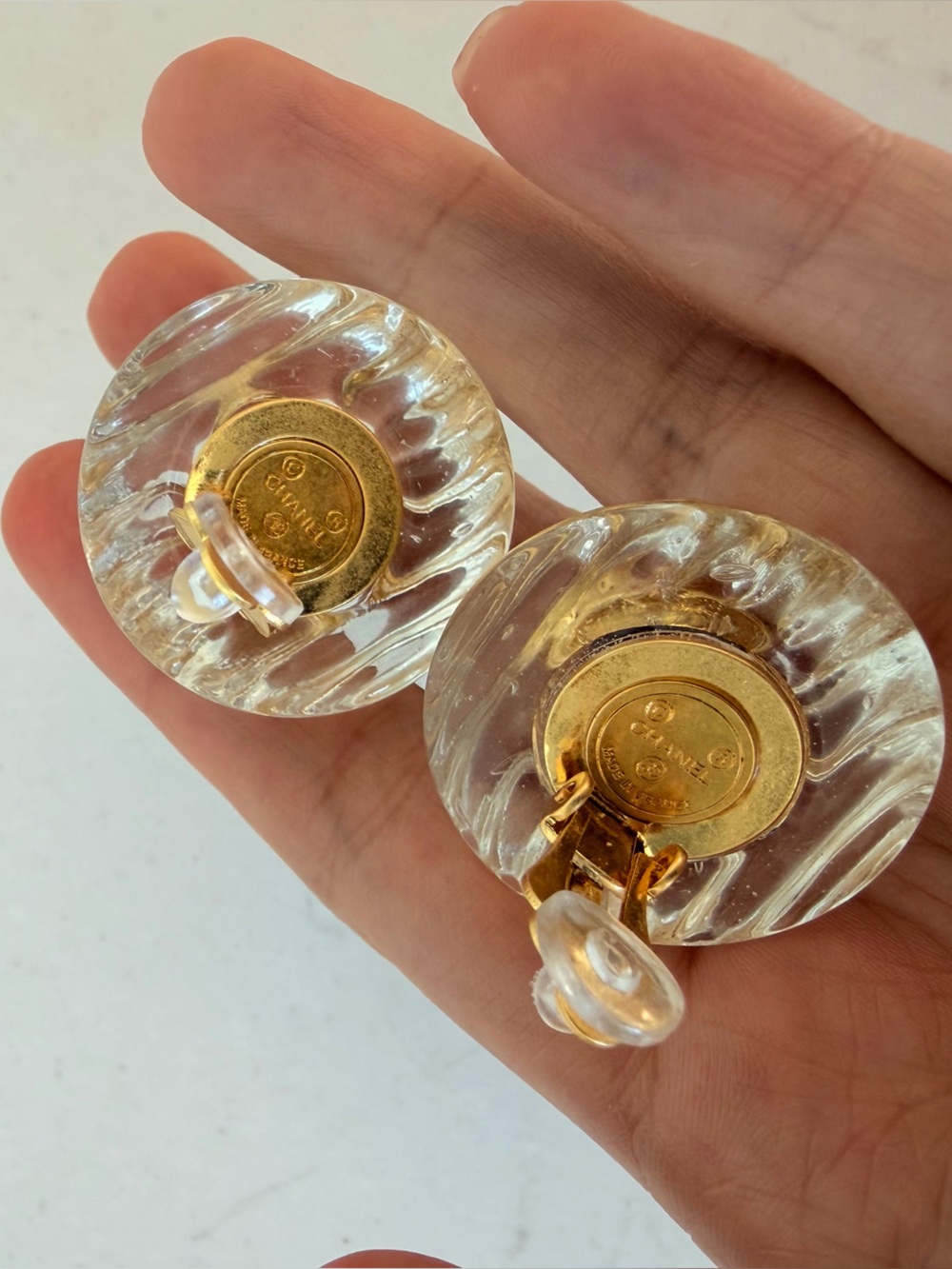 Vintage Chanel Clear Gripoix Glass Clip-On Earrings w/ Purple Cabochon CC Detail - Picture 3 of 10